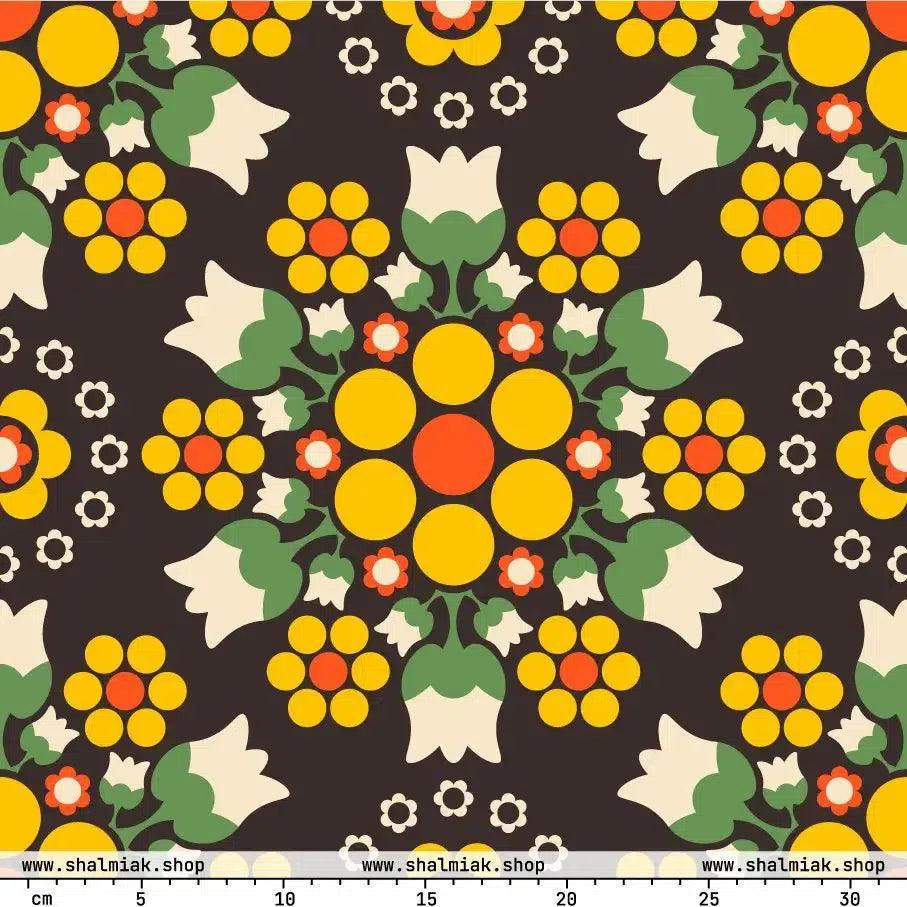 Fabric - BERRY DANCE yellow brown - Berries and flowers print