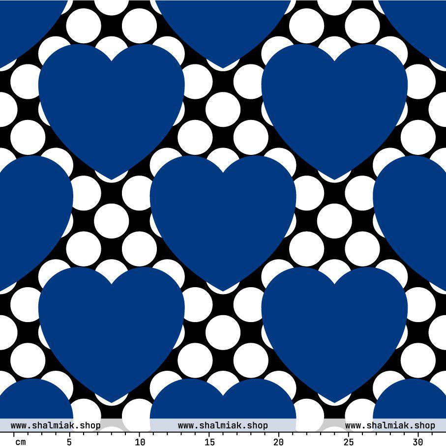 Fabric - ELLIE LOVE DOT blue black - Bold heart print