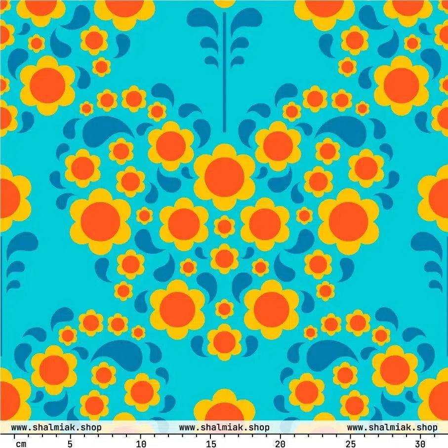 Fabric - HEARTBEAT orange blue - Flower hearts print