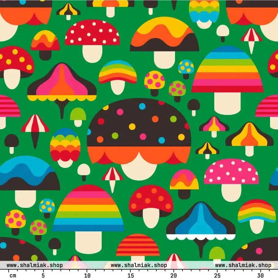 Fabric - MUSHROOM MANIA green - Colorful mushroom print