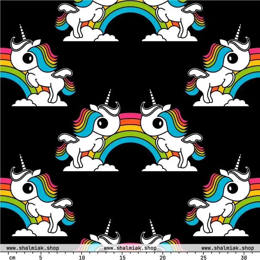 Fabric - UNIQUE black - Unicorns and rainbows print
