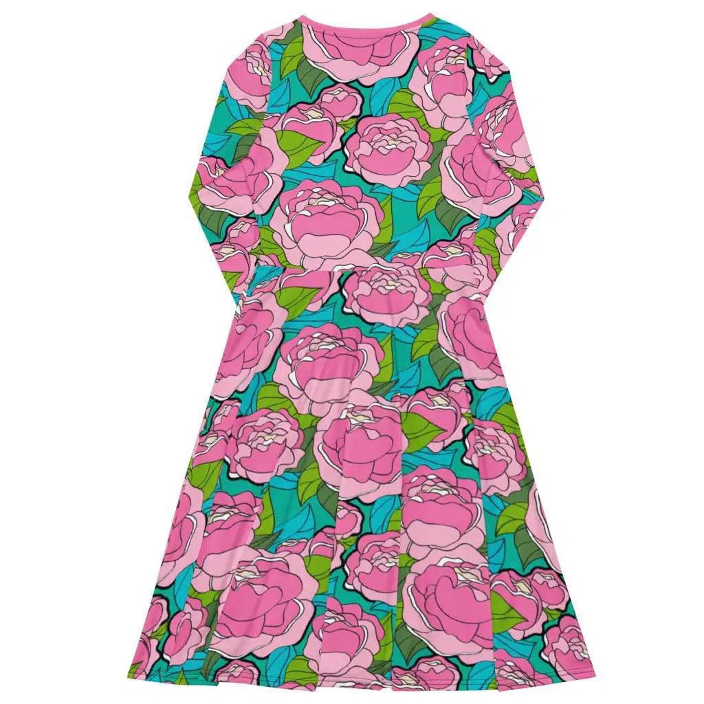 Midi dress - BE MY ONLY pink turquoise - Bold pink peony print