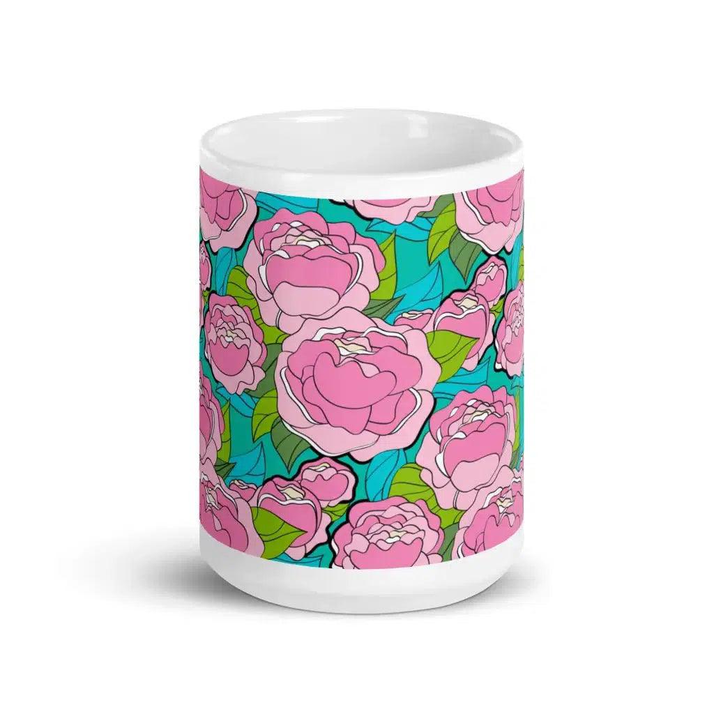 Mug - BE MY ONLY pink turquoise - Bold pink peony print 15oz