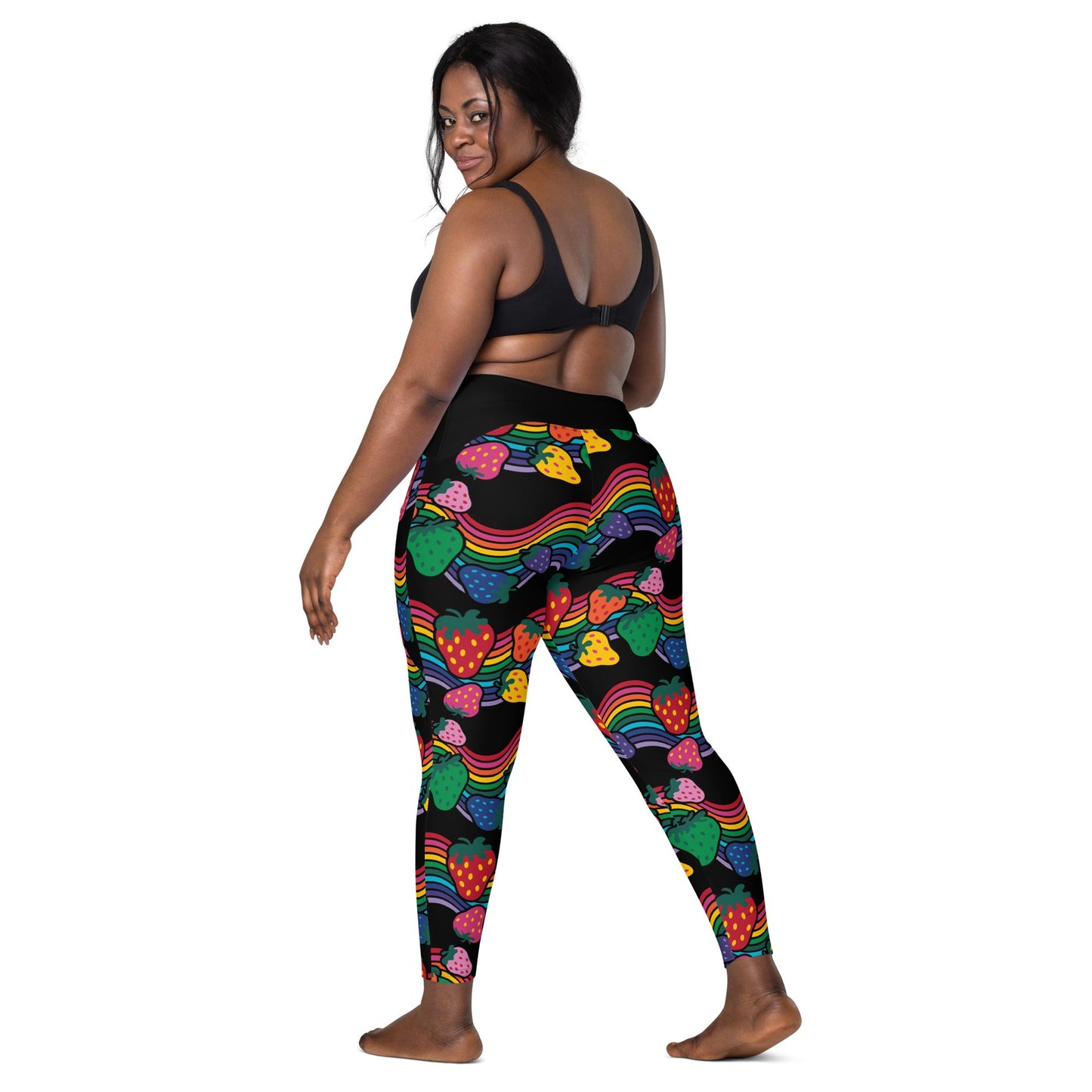 Leggings with pockets - BERRYBOW black - Strawberry rainbow print Print
