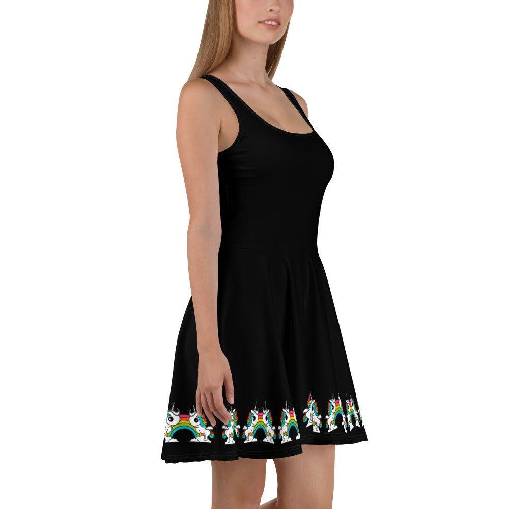 Skater dress - BLACK with UNIQUE - Unicorns and rainbows print