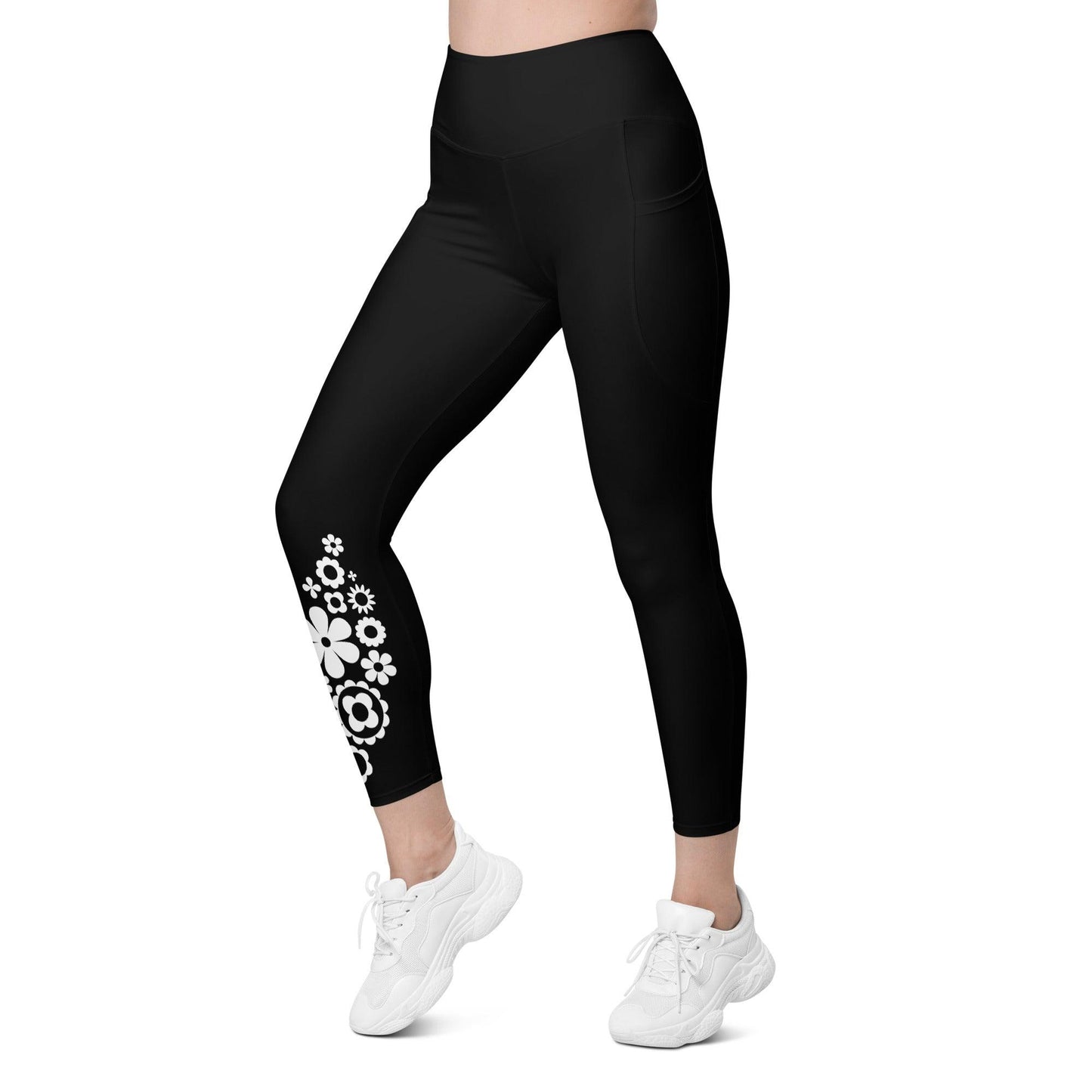Leggings with pockets - BLOOMPOP bw - Colorful bloom print