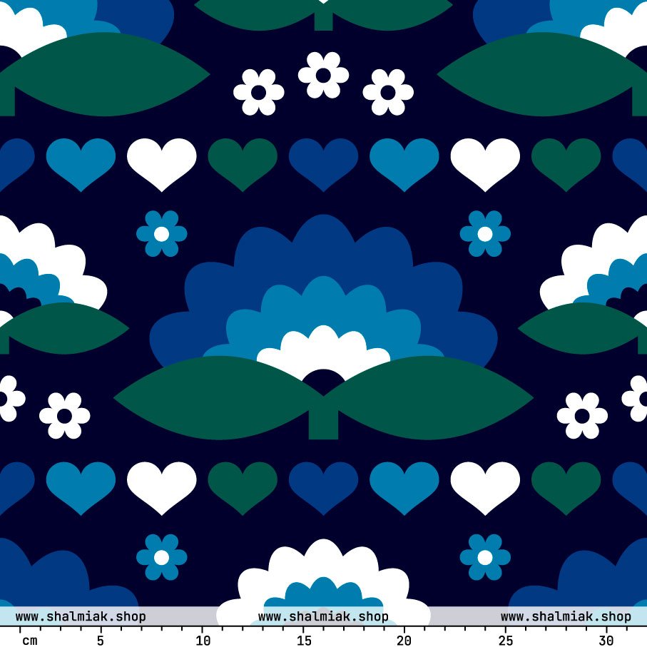 Fabric - FALL IN LOVE magic blue - Elegant flower and heart print