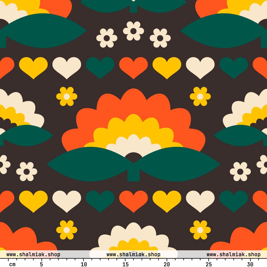 Fabric - FALL IN LOVE orange brown - Elegant flower and heart print