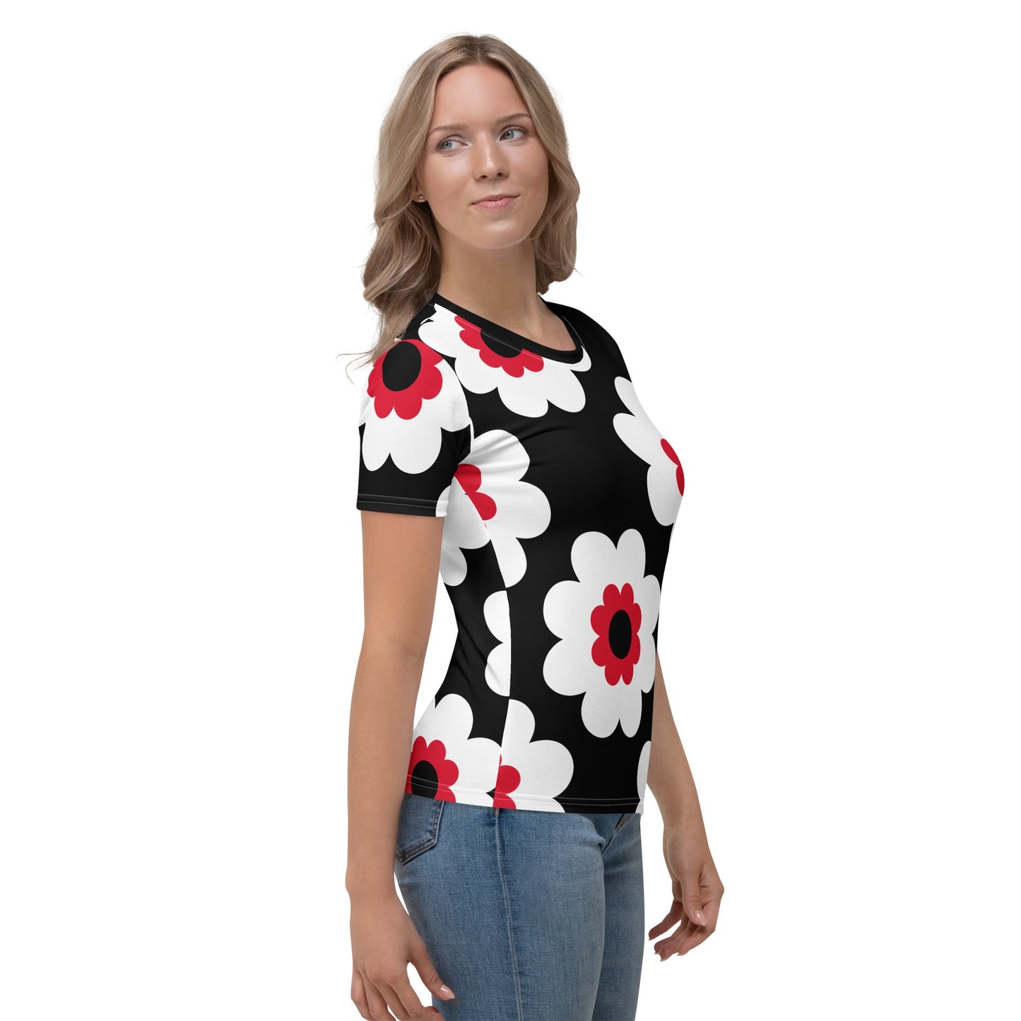 Woman's t-shirt - FANCY BLOOM red black - Pretty floral print
