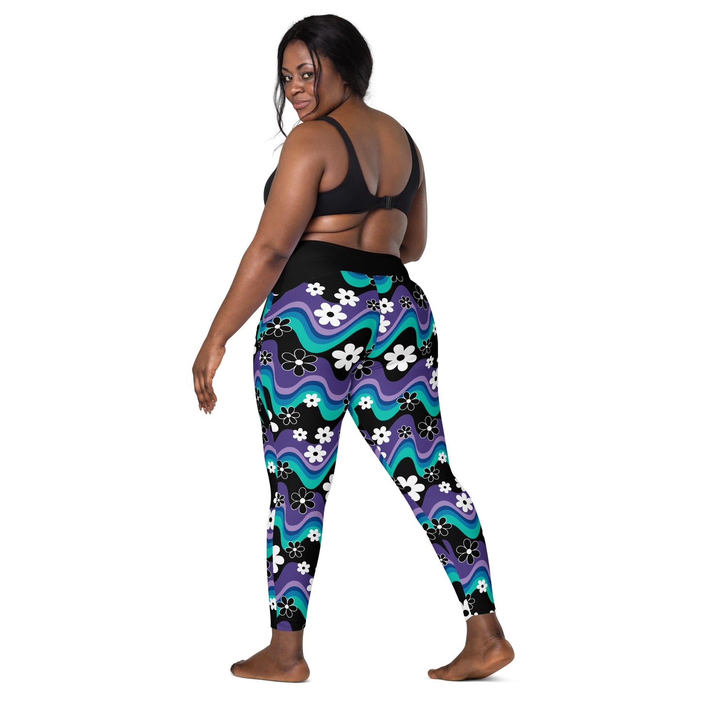 Leggings with pockets - FLORA RAVE purple - Bold stripes and flowers print