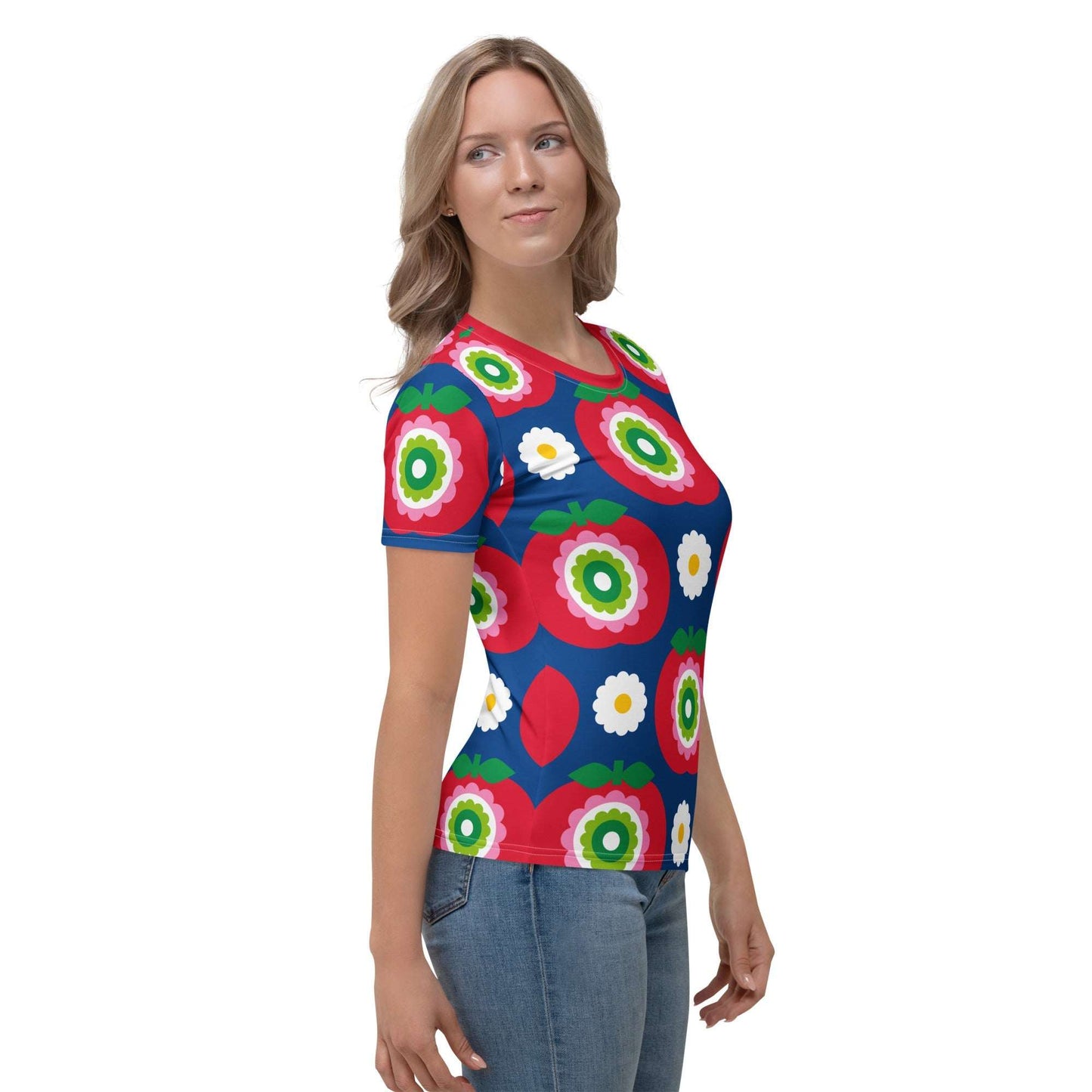 Woman's t-shirt - GRAND APPLE blue - Bold apples and flowers print