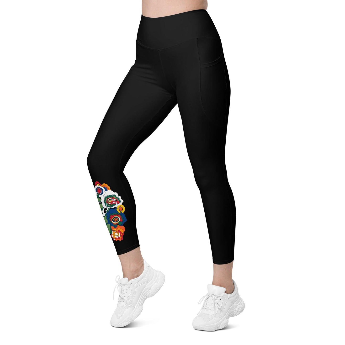 Leggings with pockets - GROOVY KURBITS in black - Folk floral print