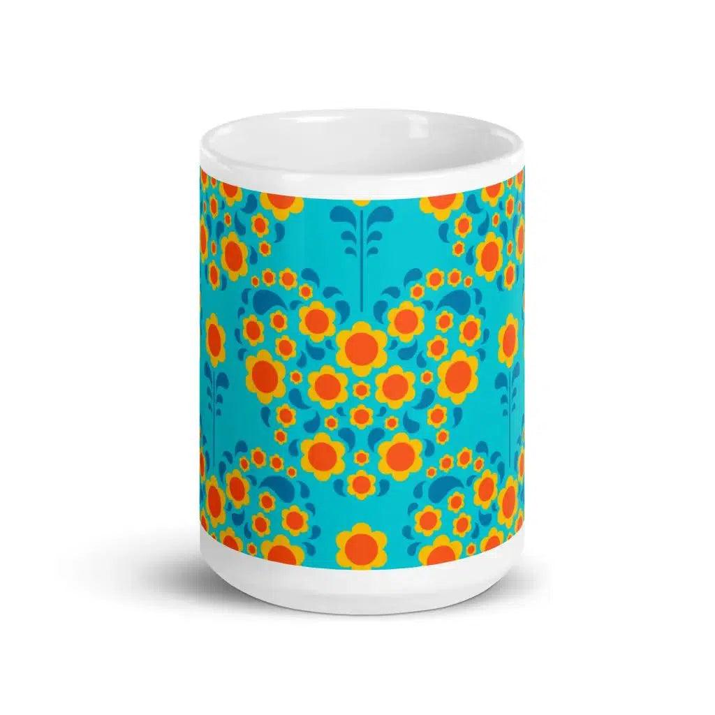 Mug - HEARTBEAT orange blue - Flower hearts print 15oz