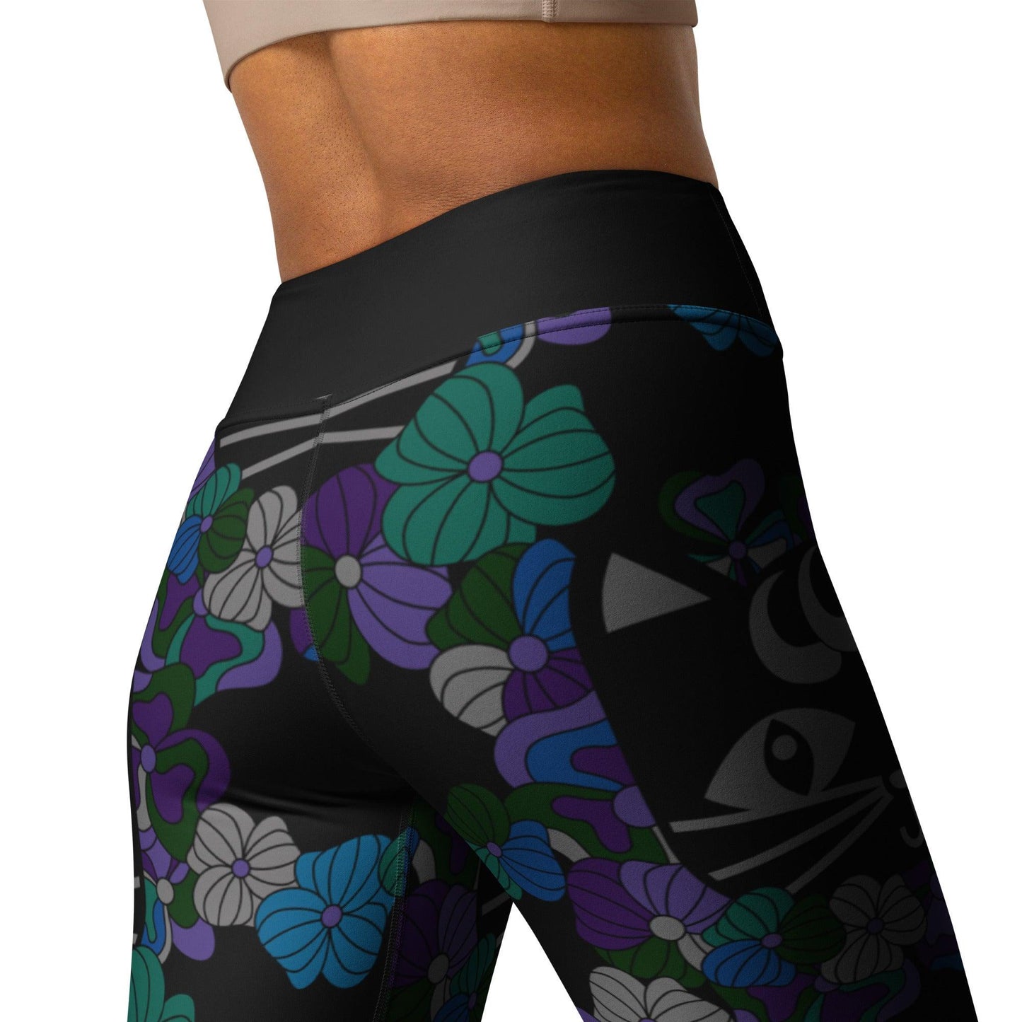 Yoga Leggings -2- MAGICAT mystic - Black Cats & Flowers