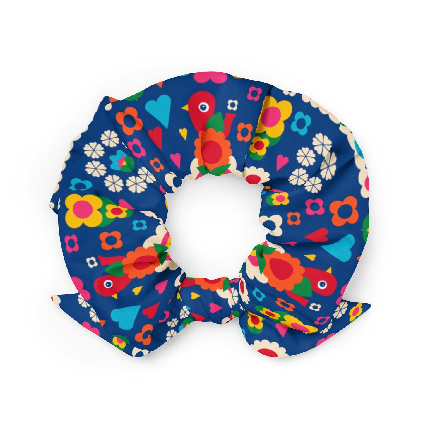 Scrunchie - OLD BIRDIE blue - Retro Birds, flowers & rainbows