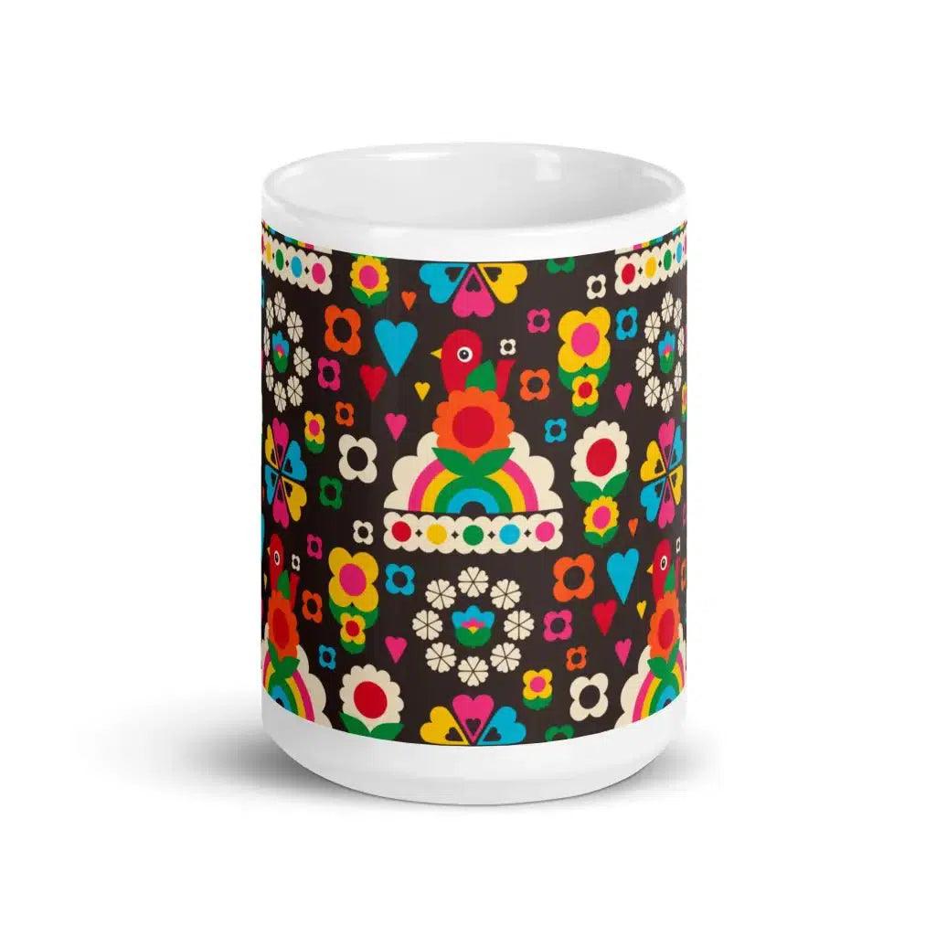 Mug - OLD BIRDIE brown - Retro Birds, flowers & rainbows