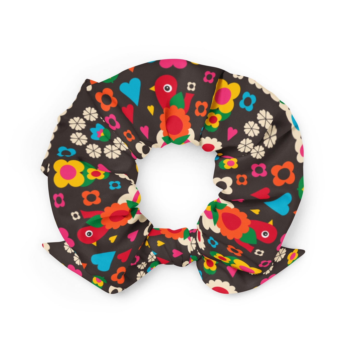 Scrunchie - OLD BIRDIE brown - Retro Birds, flowers & rainbows