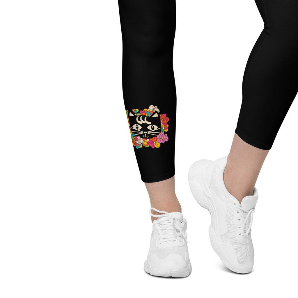 Leggings with pockets - MAGICAT in black - Black cats and flowers print