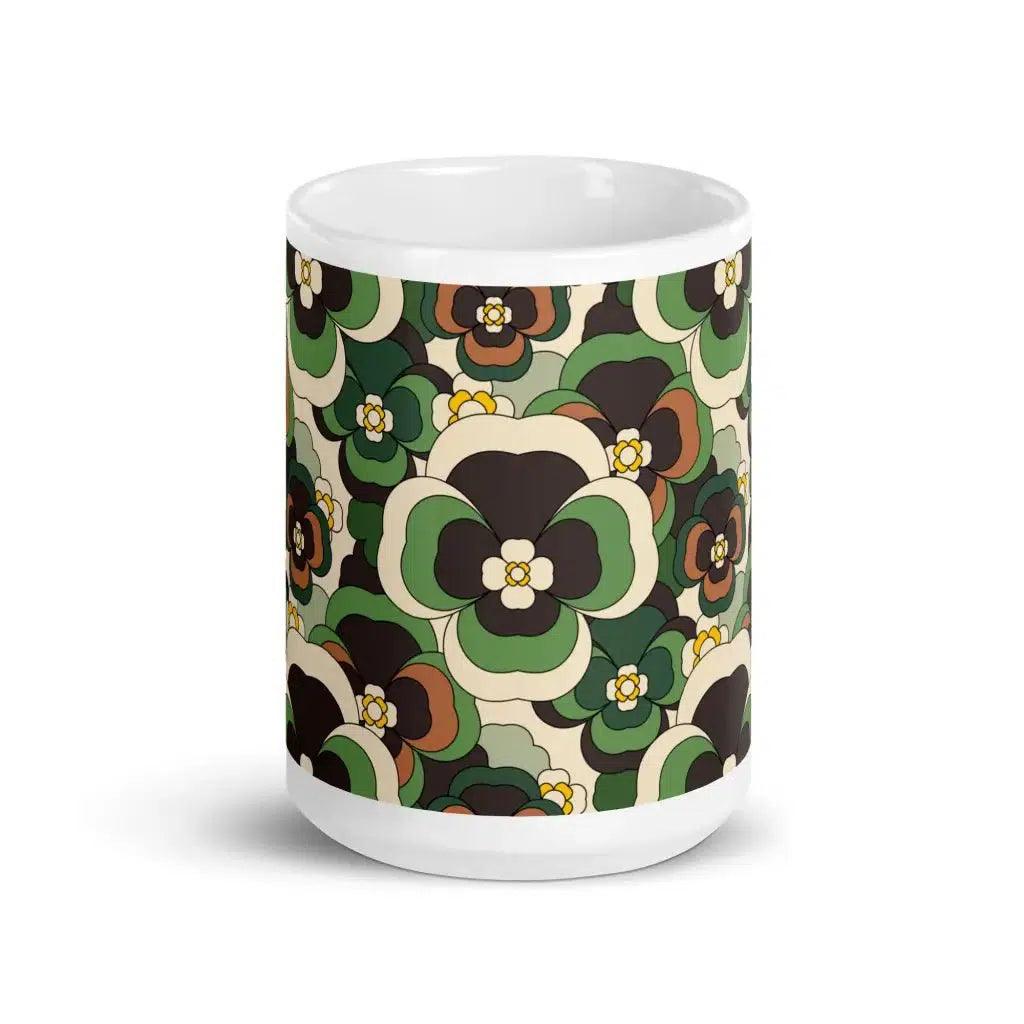 Mug - PANSY FANTASY green - Retro pansy print 15oz