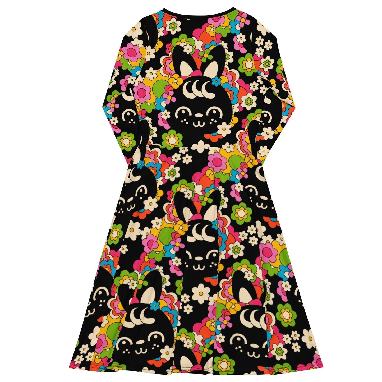 Midi dress - POPBUNNY black - Playful bunnies and flowers print