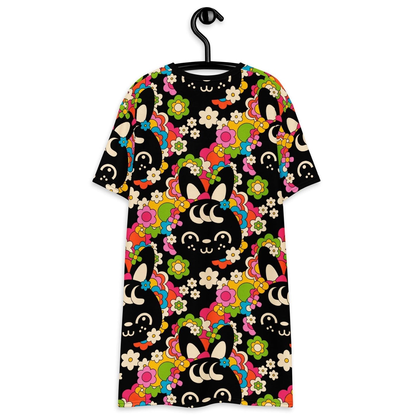 T-shirt dress - POPBUNNY black - Playful bunnies and flowers print