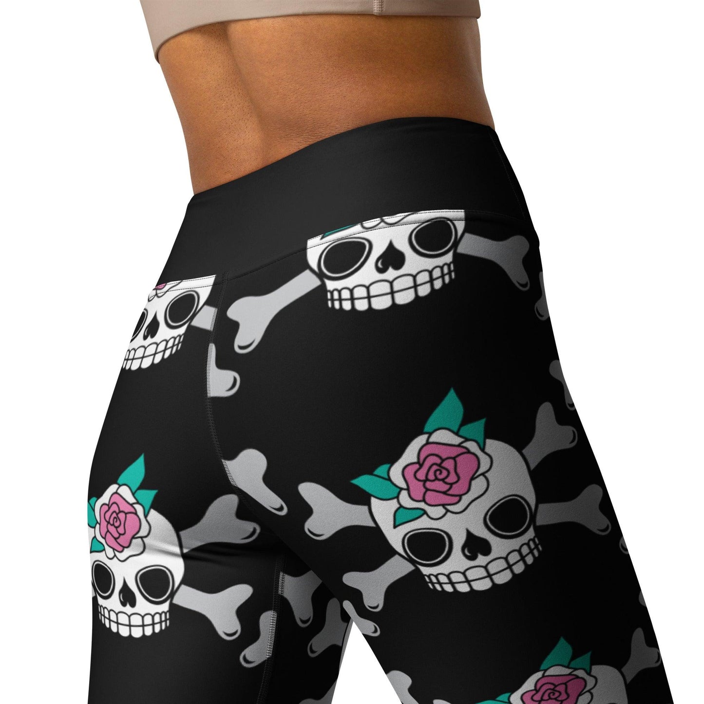 Yoga leggings -2- SKULLROSE black - Skulls and roses print
