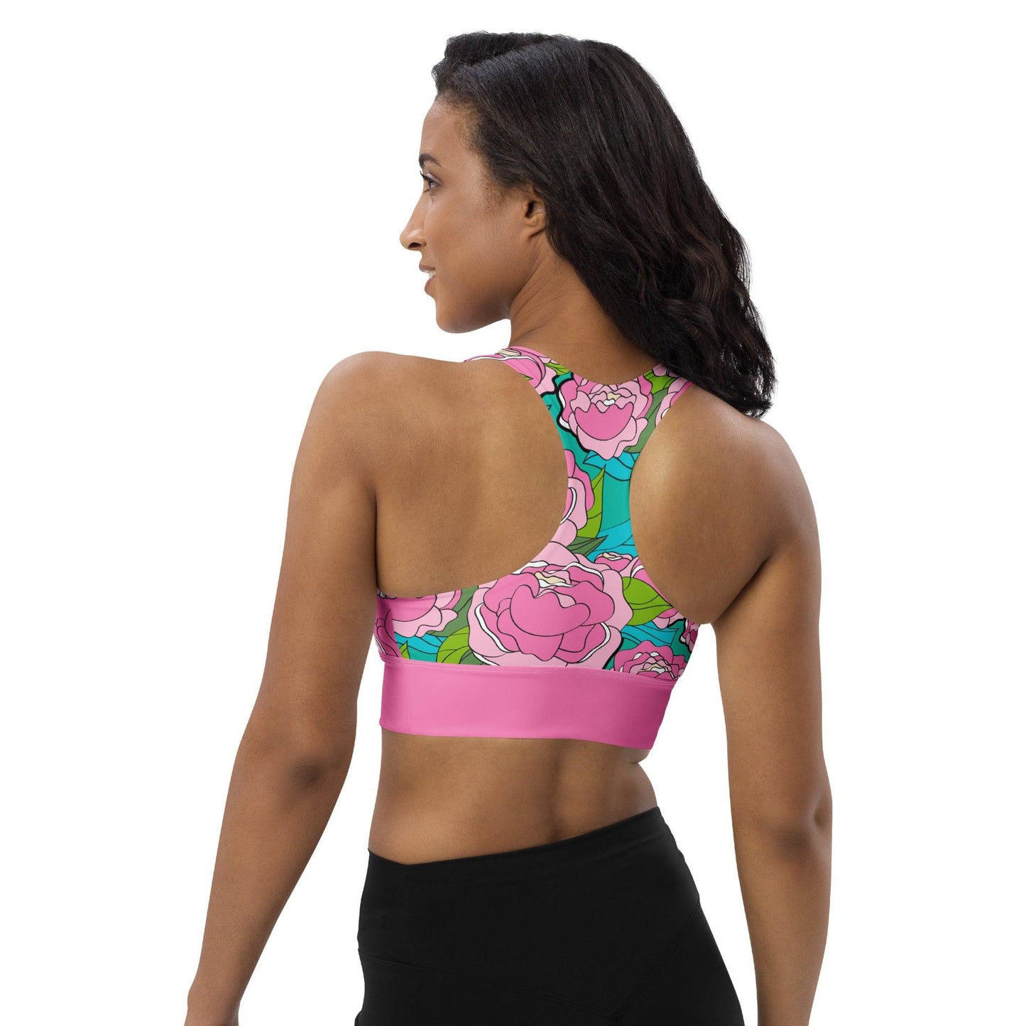 Sports Bra - BE MY ONLY pink turquoise - Bold Pink Peonies Print