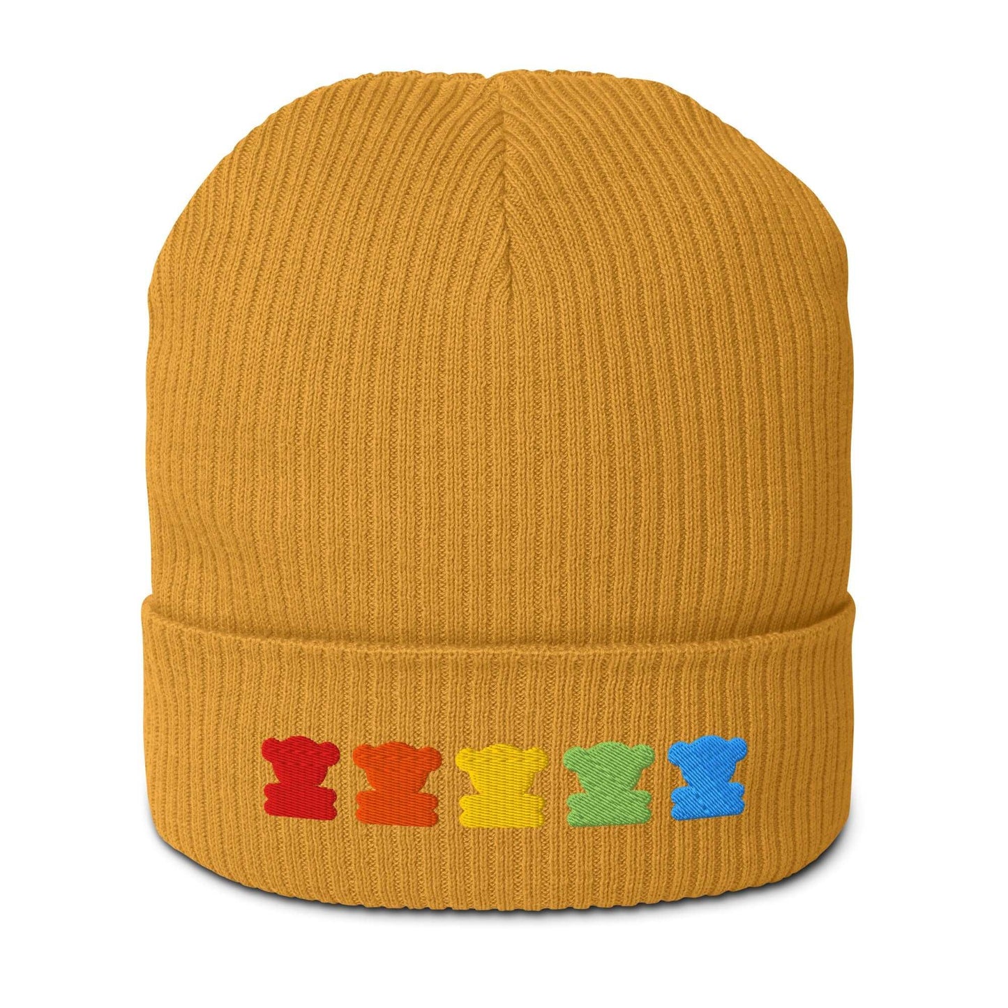 Beanie - SWEET TEDDY rainbow - Cute teddy bear print Mustard Yellow