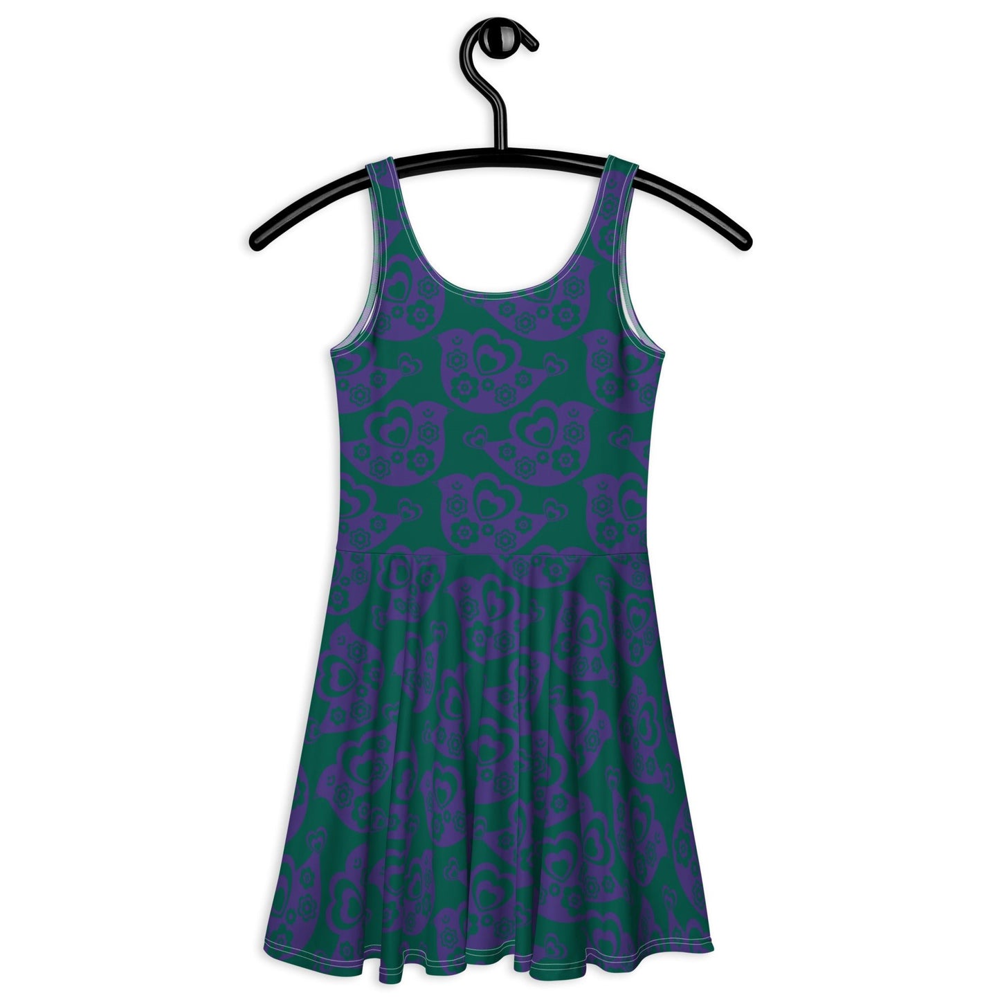 Skater dress - TWEET LOVE green purple - Birds and hearts print