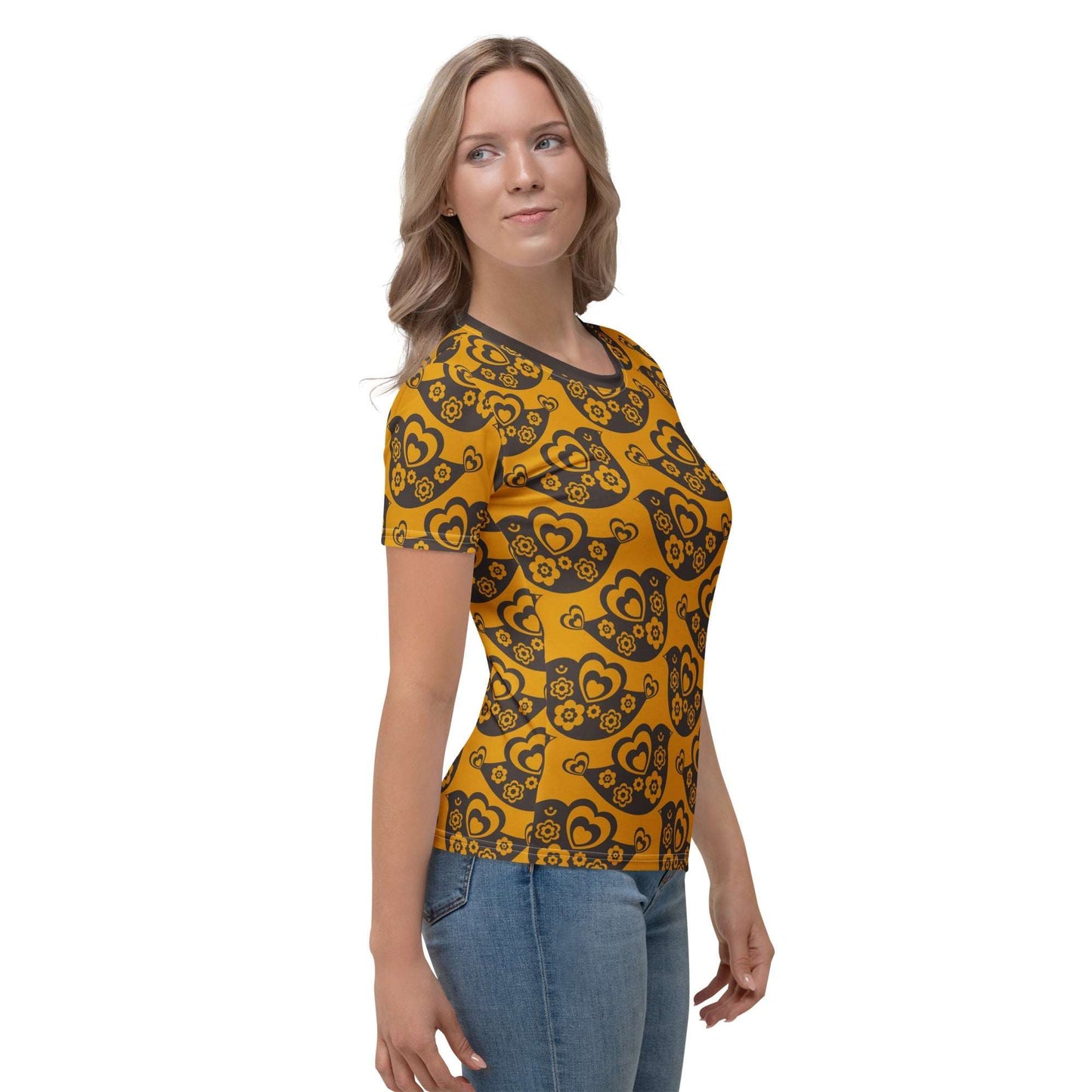 Woman's T-shirt - TWEET LOVE orange brown - Birds and hearts print