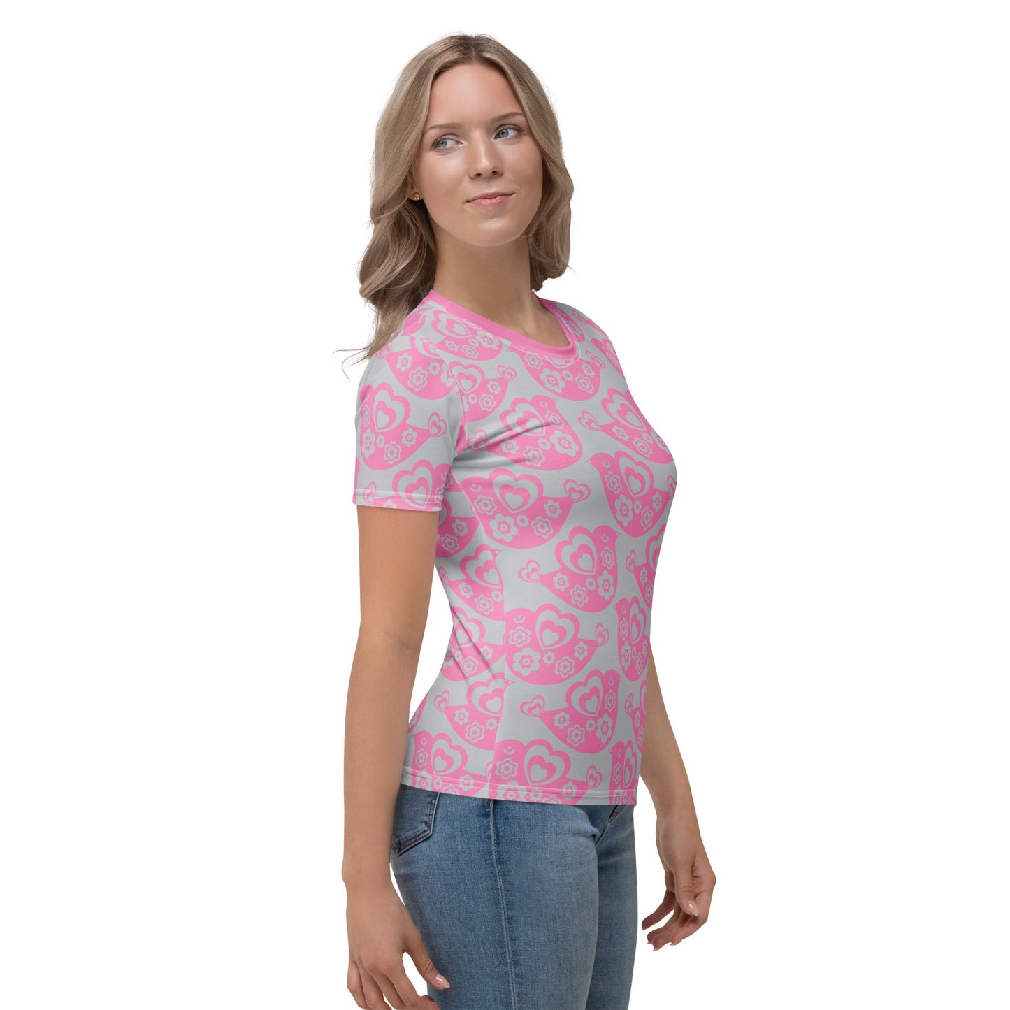 Woman's T-shirt - TWEET LOVE pink grey - Birds and hearts print