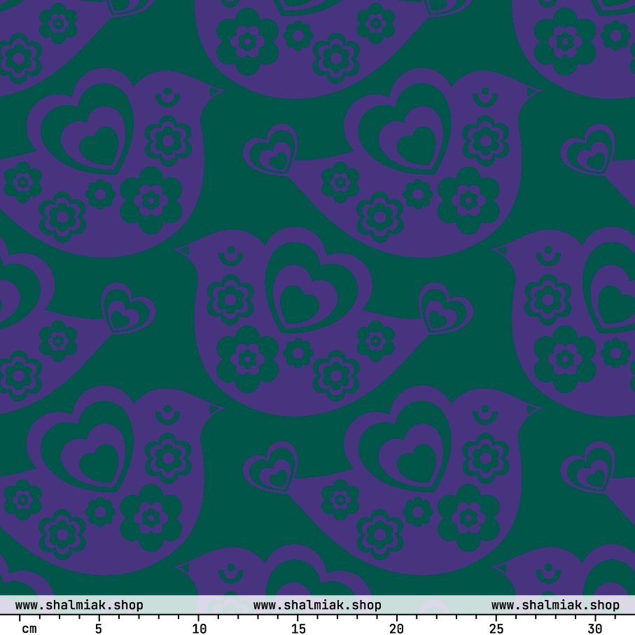 Fabric - TWEET LOVE green purple - Birds and hearts print