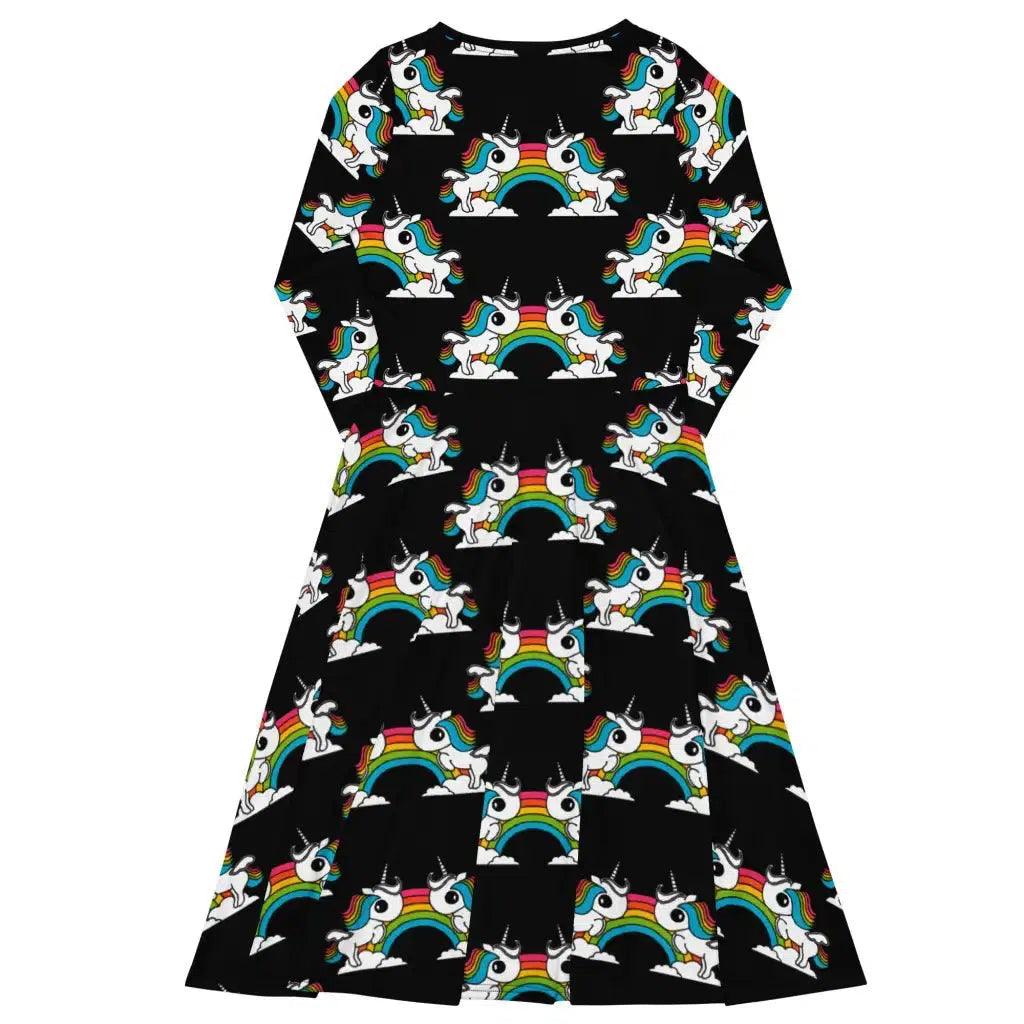 Midi dress - UNIQUE black - Unicorns and rainbows print