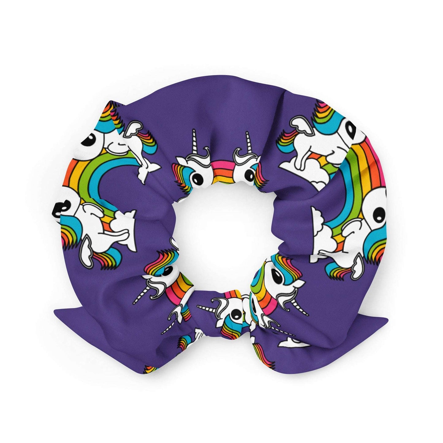 Scrunchie - UNIQUE purple - Unicorns and rainbows print