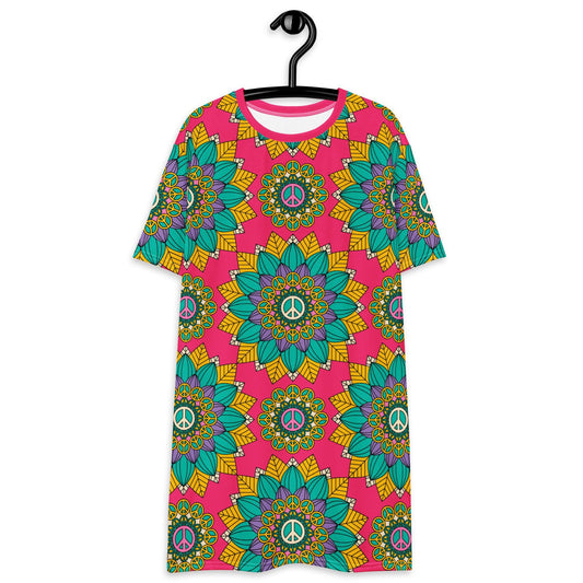 BLOOM WITH PEACE mint pink - T-Shirt Dress | SHALMIAK