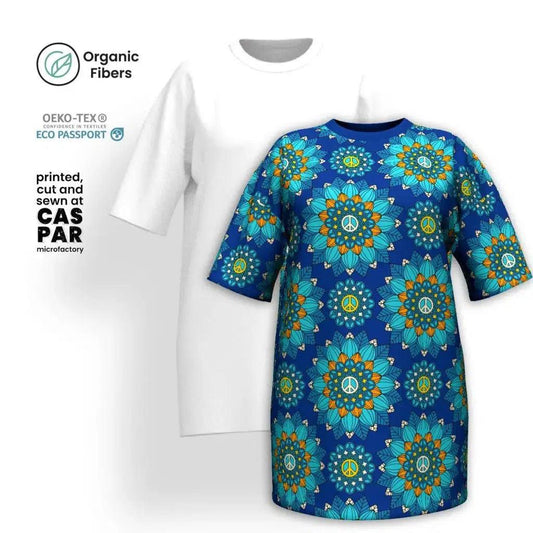 BLOOM WITH PEACE orange blue - Organic Cotton T-Shirt Dress | SHALMIAK