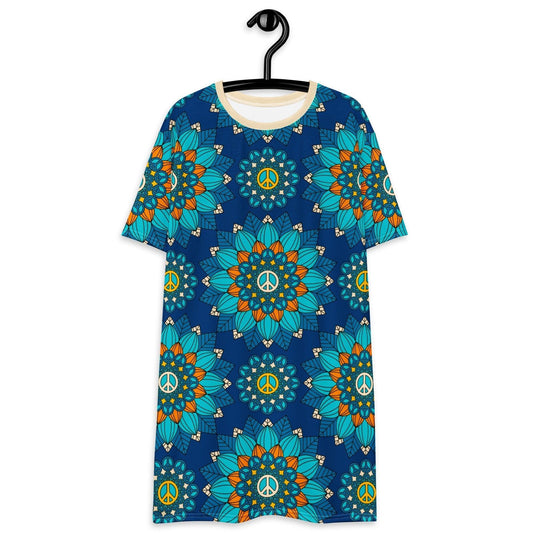 BLOOM WITH PEACE orange blue - T-Shirt Dress | SHALMIAK