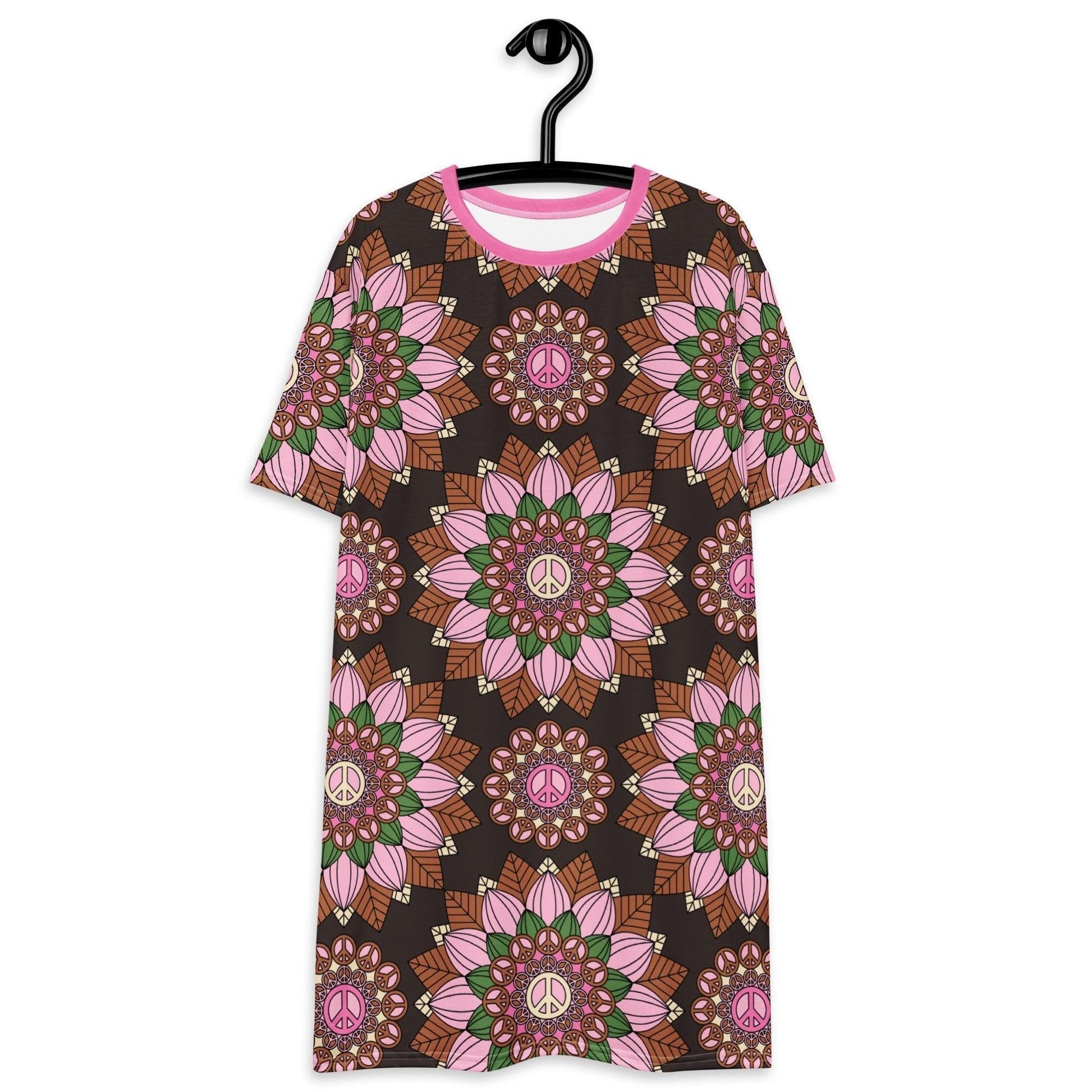 BLOOM WITH PEACE pink brown - T-Shirt Dress | SHALMIAK