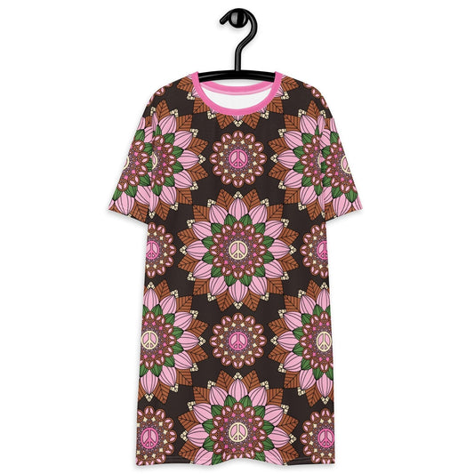 BLOOM WITH PEACE pink brown - T-Shirt Dress | SHALMIAK