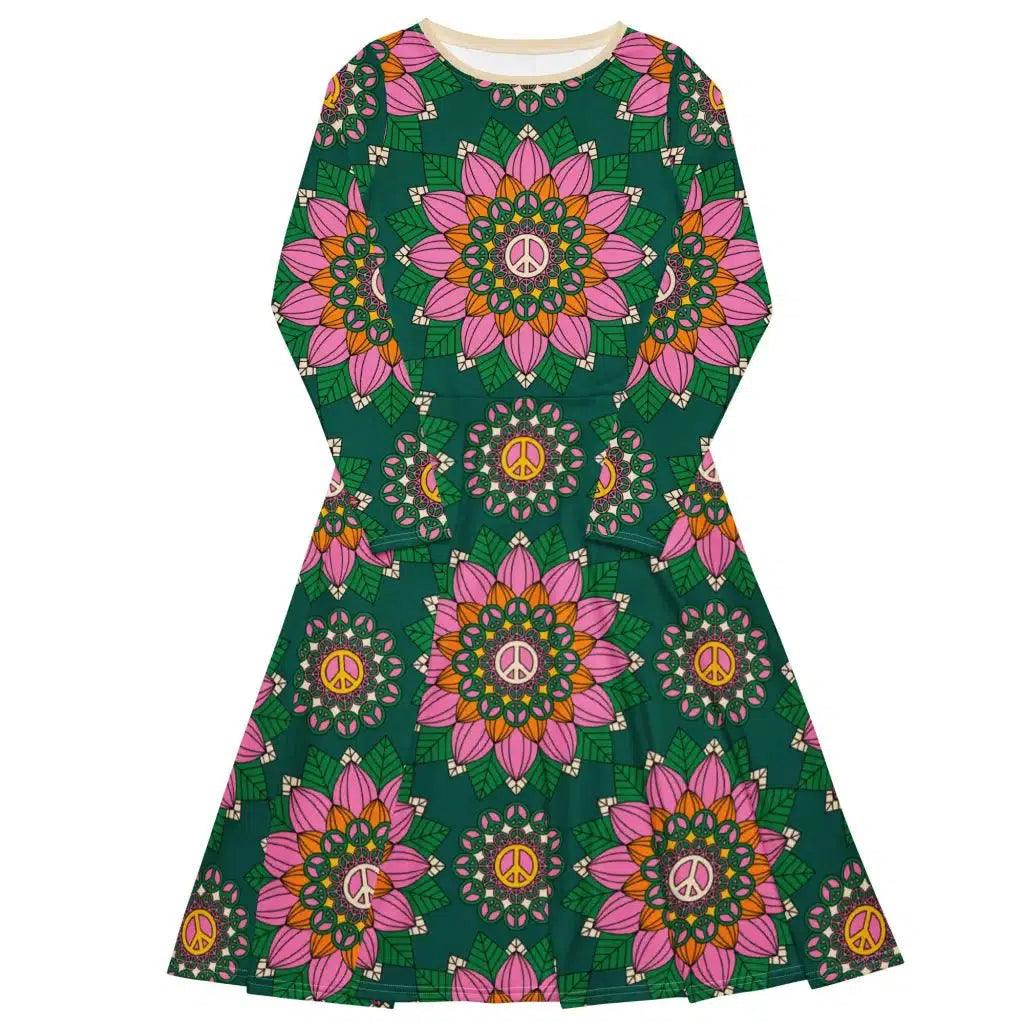 BLOOM WITH PEACE pink green - Midi Dress With Pockets | SHALMIAK