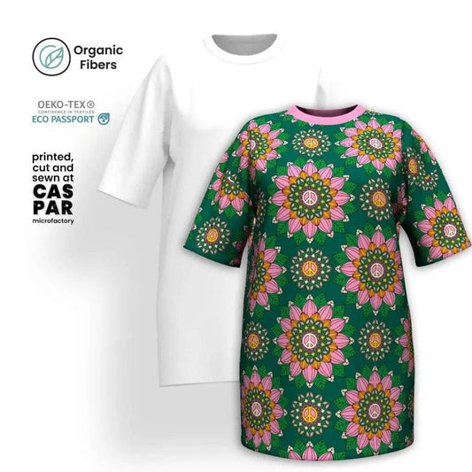 BLOOM WITH PEACE pink green - Organic Cotton T-Shirt Dress | SHALMIAK
