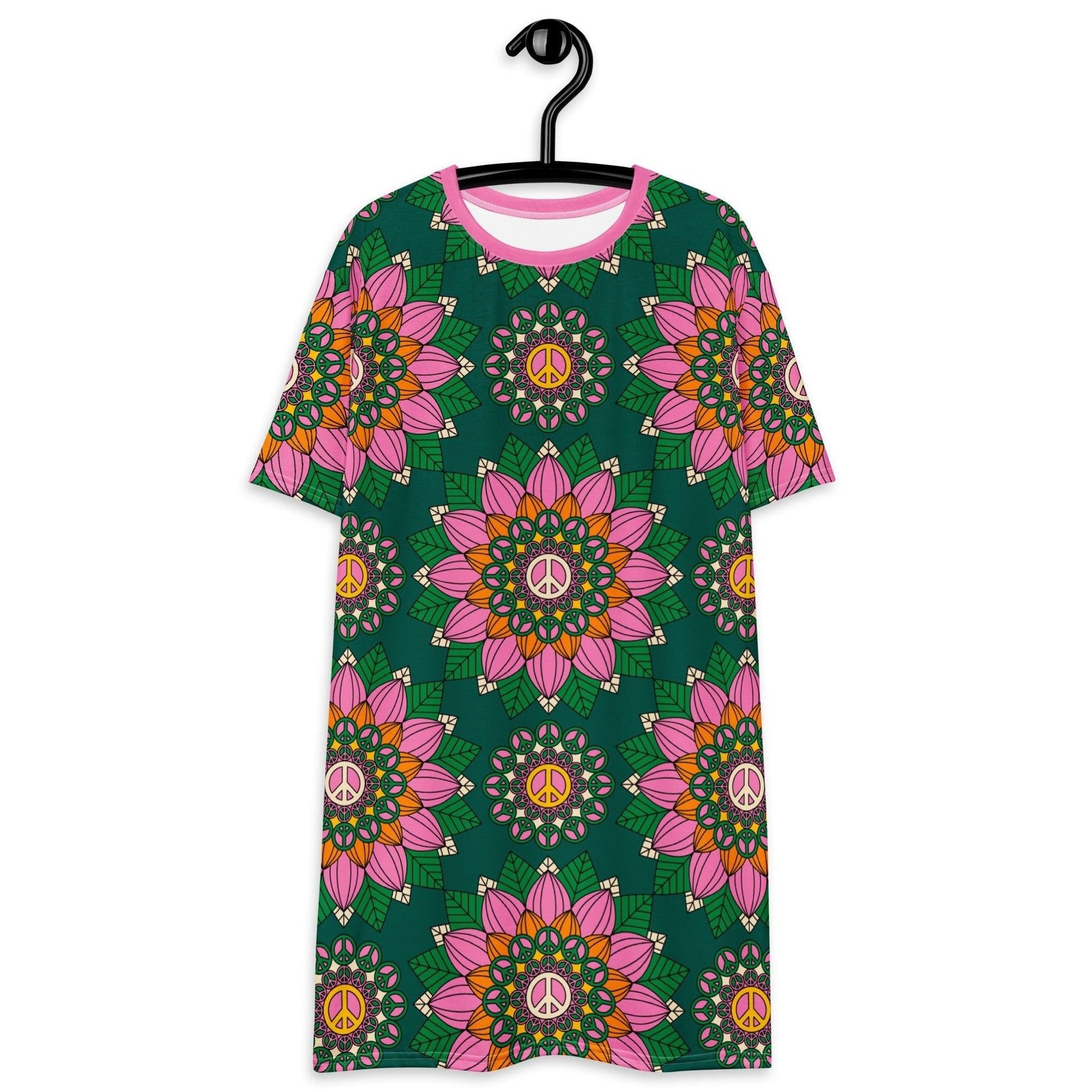 BLOOM WITH PEACE pink green - T-Shirt Dress | SHALMIAK