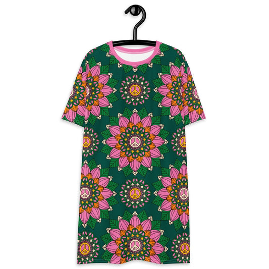 BLOOM WITH PEACE pink green - T-Shirt Dress | SHALMIAK