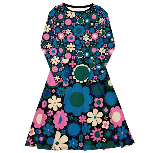 BLOOMPOP blue pink - Midi Dress With Pockets | SHALMIAK