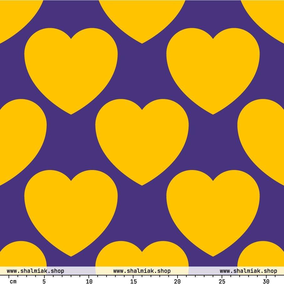 Fabric - ELLIE LOVE yellow purple - Bold Heart Print