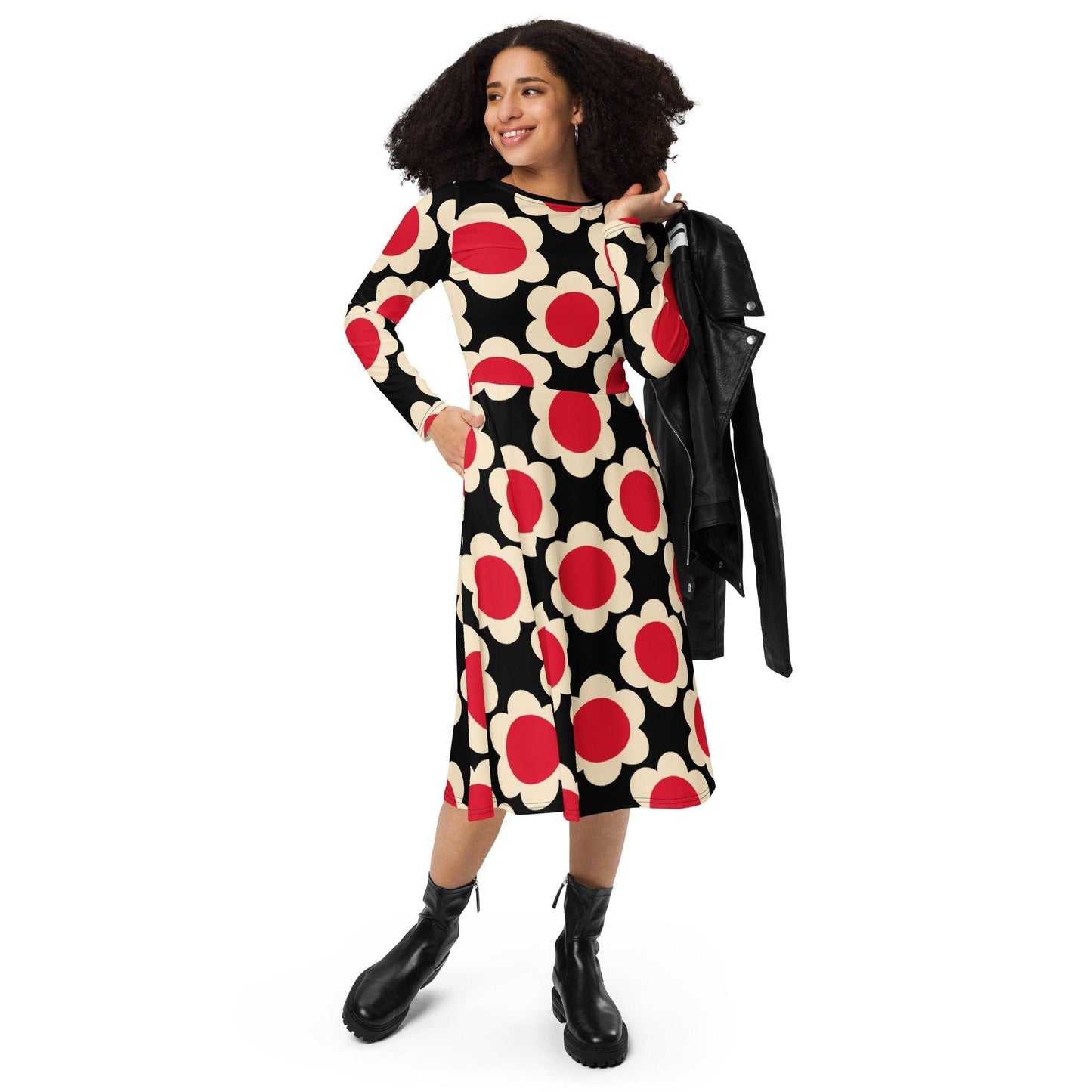 ELLIE red black - Midi Dress With Pockets | SHALMIAK