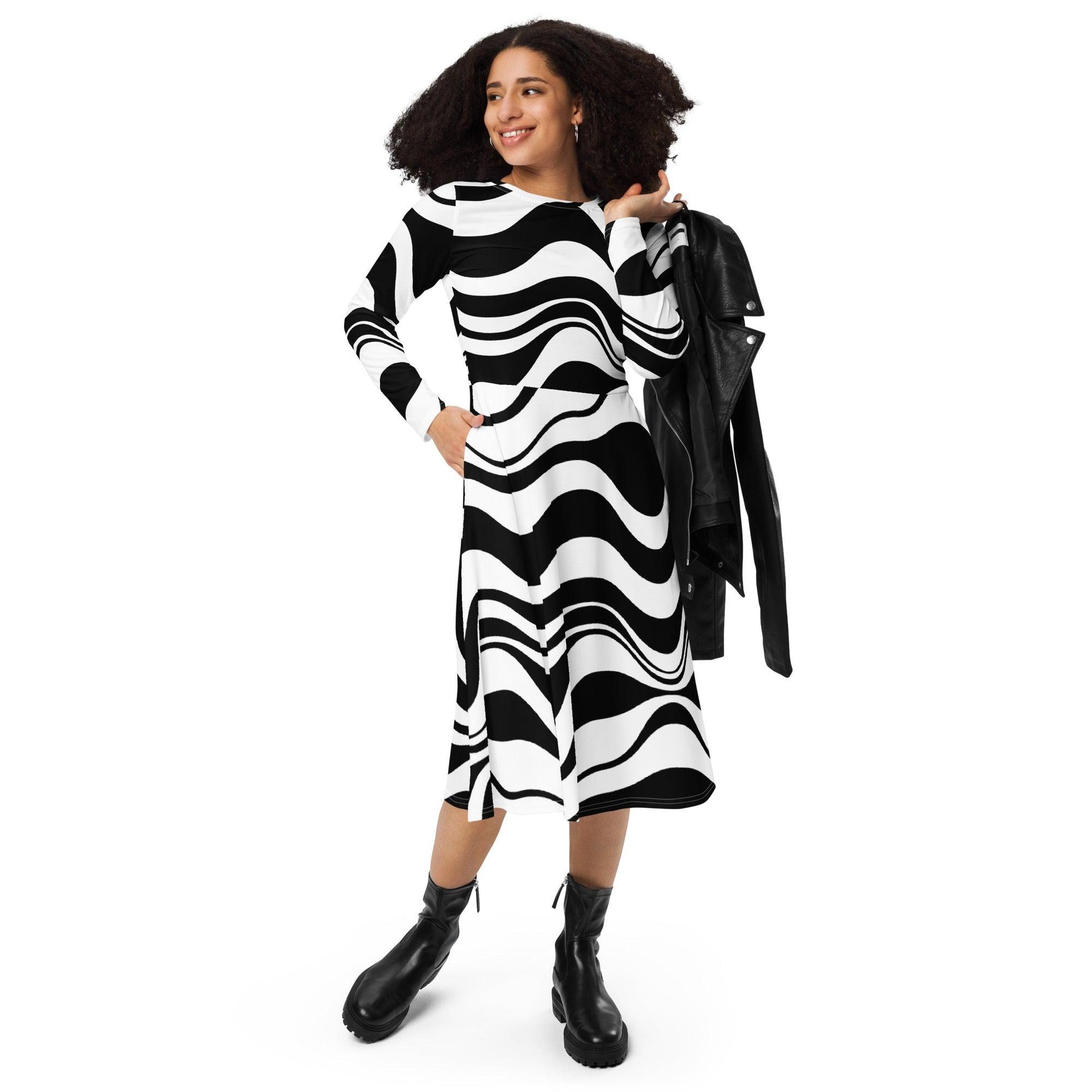 ENERGY WAVES black - Midi Dress With Pockets | SHALMIAK