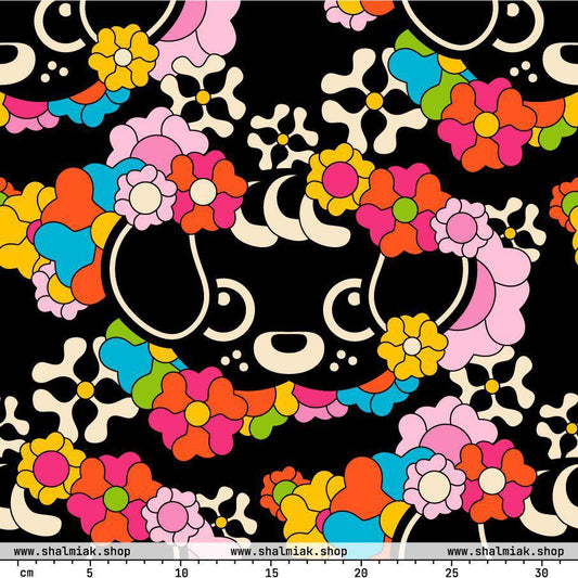 Fabric - FUNKYPUP black - Cute dogs and flowers print