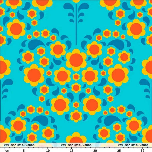 Fabric - HEARTBEAT orange blue - Flower hearts print