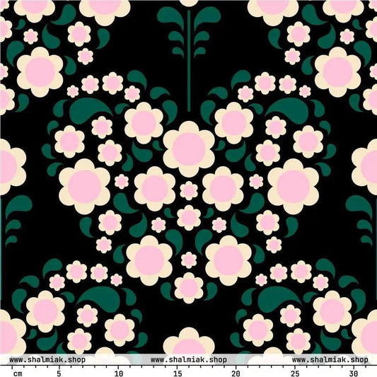 Fabric - HEARTBEAT pink black - Flower hearts print